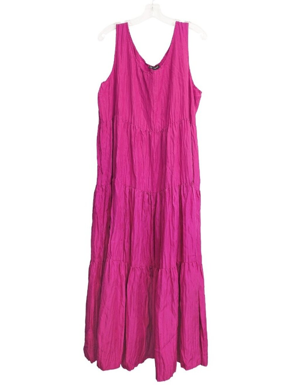 Eileen Fisher Womens Sleeveless Tiered Crinkled Silk Midi Dress in Cerise Size L